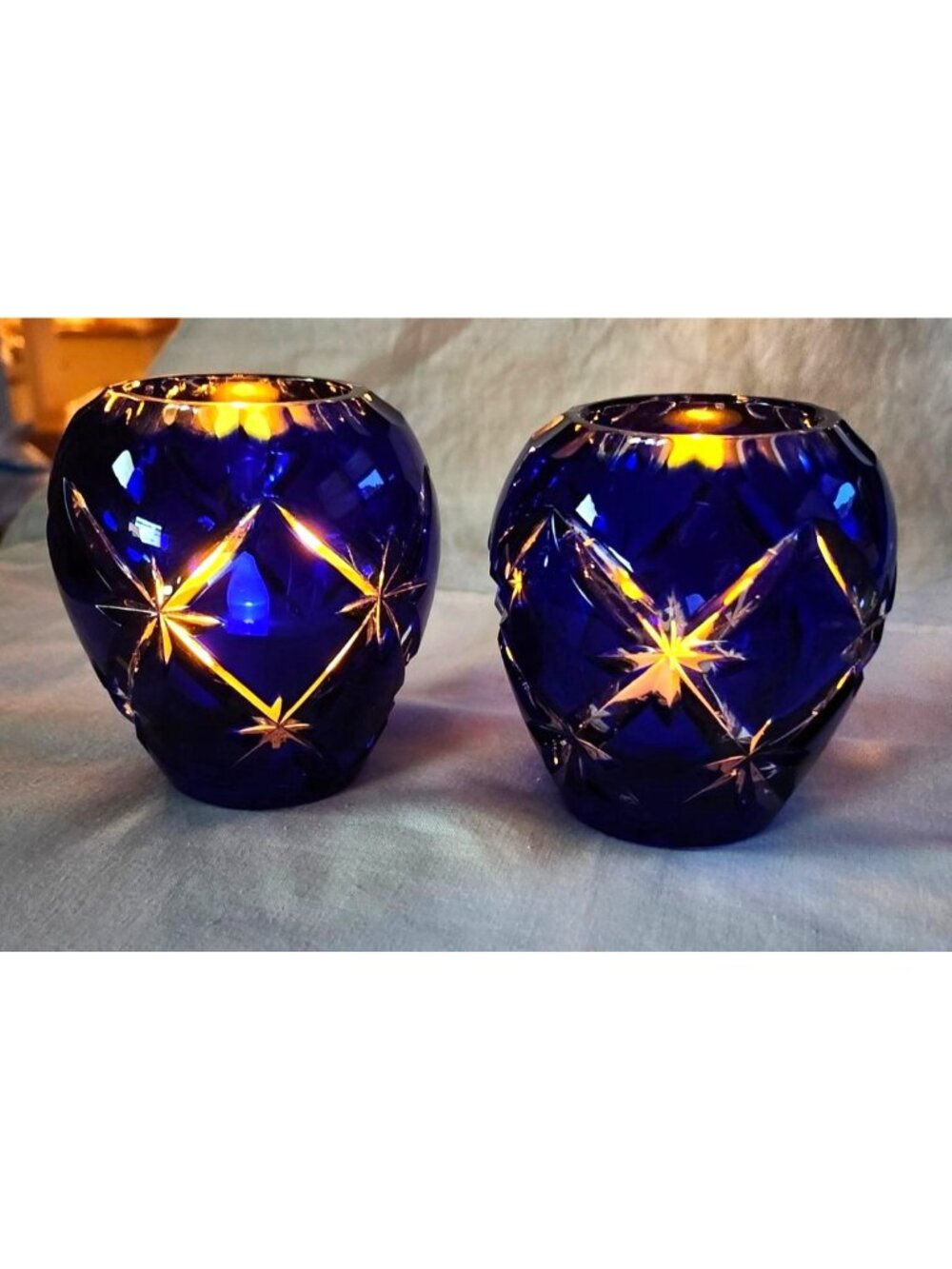 Vintage Cobalt Blue Cut-To-Clear Crystal Votive Candle Holders - Set Of 2